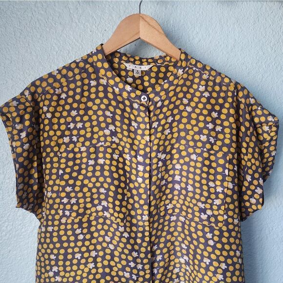 CAbi Silk Casual Button Down Shirt in Grey and Yellow - Picture 3 of 7